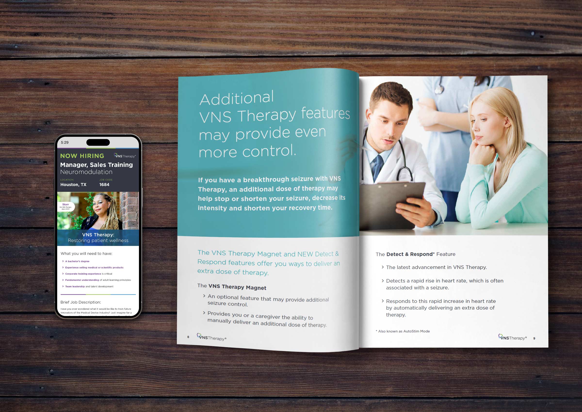 VNS Patient brochure and email displayed on iphone on top of wood table surface